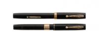 Two No. 52 Black Celluloid Fountain Pens, 9K Gold Bands