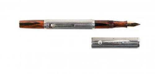 No. 452 1/2 Red Ripple Fountain Pen, Fluted Sterling Silver Overlay