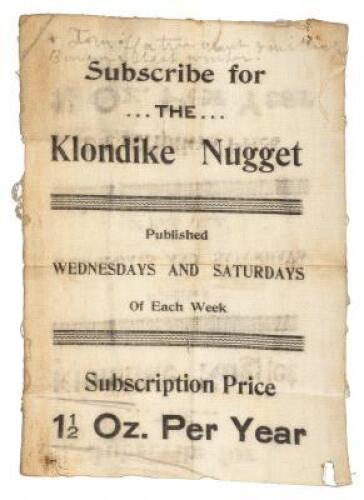 Broadside on cloth, "Subscribe for the Klondike Nugget..."