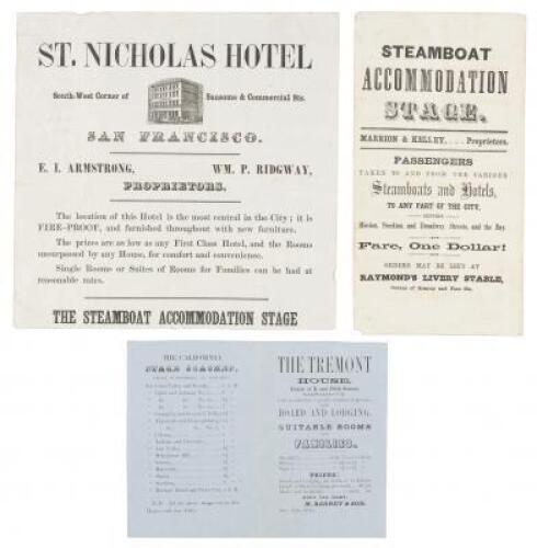Three broadside advertisements for hotels and transportation in California