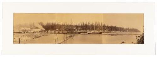 Original panorama photograph of Port Gamble, Washington Territory, showing docks, lumber ships, and other details