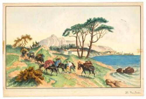 Original watercolor of a party crossing the Isthmus of Panama by mule train