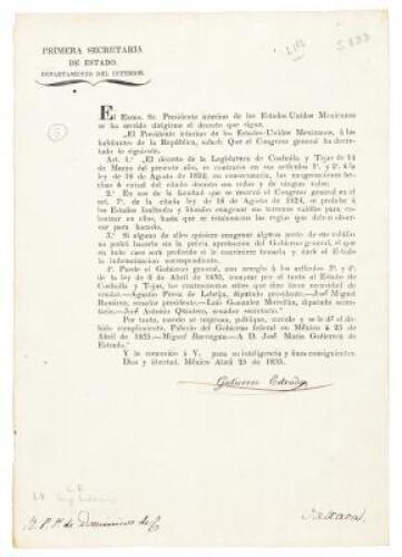 [Decree of Congreso general declaring invalid the decree of the legislature of Coahuila and Texas of March 14, 1835 which authorized the sale of 400 sitios, as being contrary to the colonization law of August 18, 1824]