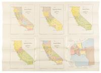 Sheet with six color maps, one of San Francisco, the others of California, showing electoral districts