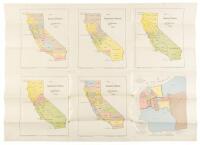 Sheet with six color maps, one of San Francisco, the others of California, showing electoral districts