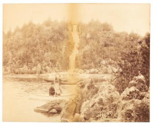 Mammoth plate albumen photograph of Stow Lake in San Francisco's Golden Gate Park, with boaters on the lake, Huntington Falls in the background