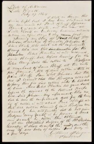 Manuscript statement by George W. Bruce, Asst. Surgeon of the 1st Indiana Cavalry, regarding a stash of Rebel Cotton of which he had heard