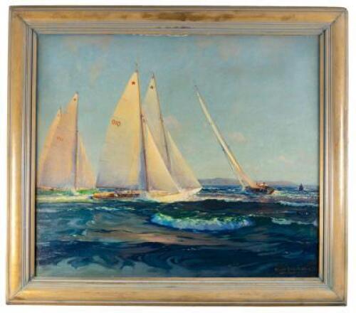 Oil painting on board, of sailboats racing, coast hills visible in the background