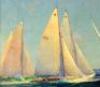 Oil painting on board, of sailboats racing, coast hills visible in the background - 5