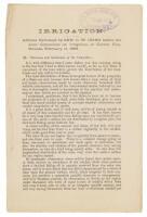 Irrigation. Address Delivered by Gen. C. W. Irish before the Joint Committee on Irrigation, at Carson City, Nevada, February 11, 1887 [bound with] Irrigation By The Use Of Artesian Wells