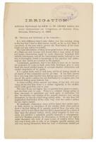 Irrigation. Address Delivered by Gen. C. W. Irish before the Joint Committee on Irrigation, at Carson City, Nevada, February 11, 1887 [bound with] Irrigation By The Use Of Artesian Wells