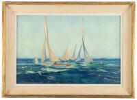 Oil painting on board of sailboats rounding a buoy