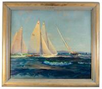 Oil painting on board, of sailboats racing, coast hills visible in the background