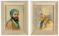 Two watercolor paintings of Iranian men with beards and turbans