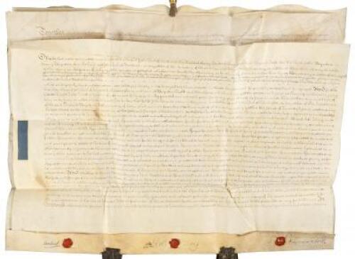 Large four-sheet indenture document for sale of property, signed by the Earl of Sandwich and others