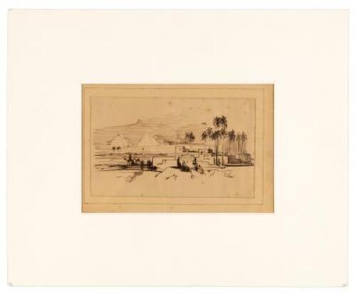 Original sepia ink drawing by Edward Lear - Egyptian vignette amid pyramids