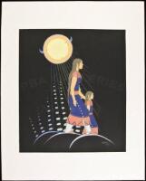 Night time scene of mother and daughter walking