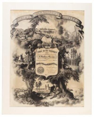 Elaborate lithographed membership certificate of D. Hoffman Burroughs in the Society of California Pioneers