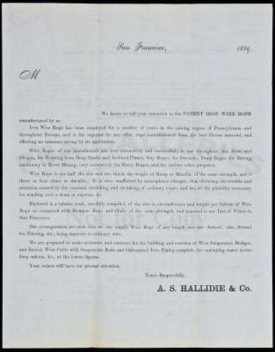 Advertising flier & letter relating to the sale of Hallidie's Patent Iron Wire Rope