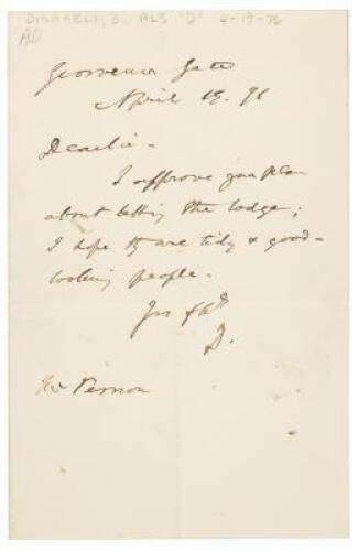 Signed holograph letter by Benjamin Disraeli