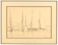 Graphite on paper drawing of two-person sailboats rounding a buoy