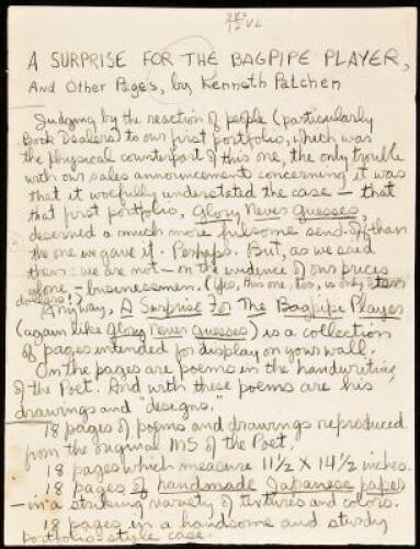 A Surprise for the Bagpipe Player, and Other Pages, by Kenneth Patchen - original holograph draft for the publication prosepectus