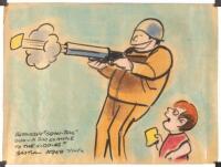 Berkeley "Bean-Bag" Gun&mdash;A Bad Example to the Kiddies? - original political cartoon art from KQED "cartoonist-in-residence" Bob Bastian