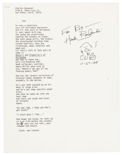 Bukowski's "Red" with note from Red Stodolsky