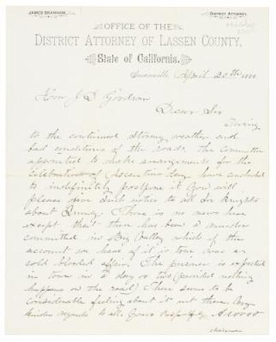 Letter from Lassen County D.A. office relaying account of murder in Big Valley