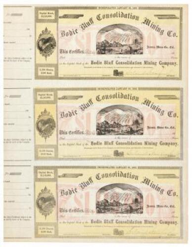 Sheet of three unused stock certificates in the Bodie Bluff Consolidation Mining Co., each signed in ink by Leland Stanford as President of the company