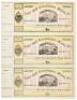 Sheet of three unused stock certificates in the Bodie Bluff Consolidation Mining Co., each signed in ink by Leland Stanford as President of the company