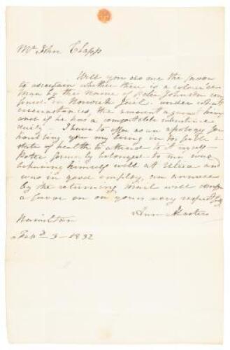 Autograph Letter Signed by John Quincy Adams' in-law inquiring about her ex-slave