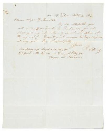 Letter about Jewish merchant in Mississippi who had left for the California Gold Rush