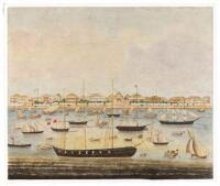 Original watercolor painting, likely of the bund at Shanghai, with numerous ships and boats, both western and Chinese, before it