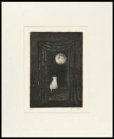 Cat in Window, Observing a Night Moon - Original Signed Collograph
