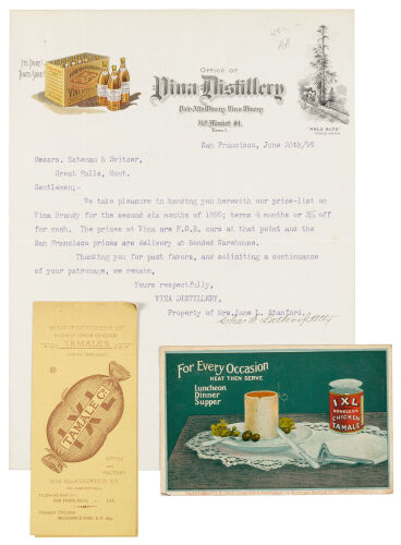 Promotional items for Mrs. Stanford's Vina Brandy and for the first tamales marketed in San Francisco