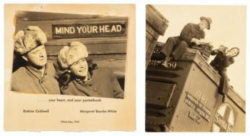 Two photographs of Margaret Bourke-White and Erskine Caldwell with a holograph note by Bourke-White to a Mrs. Sprackling on Bourke-White's business card