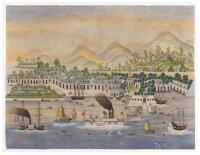 Original watercolor painting, likely of Hong Kong harbor, with numerous ships and boats, both western and Chinese, before it