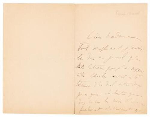 Autograph letter to Mme Catusse concerning a recent duel fought on l'&Icirc;le de la Jatte and referring to his lover Lucien Daudet