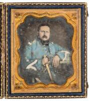 Daguerreotype of a seated soldier in uniform, holding a sword