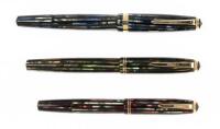 Duofold Striped Celluloid Fountain Pens: Lot of Three, c.1930s