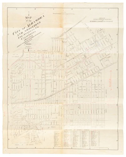 Map of the city of Alhambra and additions, Los Angeles Co., California showing street numbers, schools, churches, depots, etc. Compiled by Alhambra Engineering Department