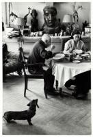 Original gelatin silver print of Pablo Picasso, his wife, and Lump the dachshund