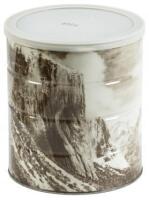 Hills Brothers coffee can with a sepia-tone reproduction of Adams's "Winter Morning, Yosemite Valley, California"