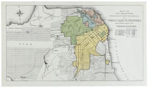 Map of San Francisco showing the location of the different distributing reservoirs of the Spring Valley Water Works and the districts supplied by each