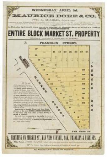 Wednesday, April 3d. Maurice Dore & Co. [Wm. A. Quarles, auctioneer.]... On Wednesday, April 3d, at 12 o'clock, noon, at our salesroom, 327 Montgomery Street, we will sell on a liberal credit, and without reserve, Entire Block Market St. Property, nearly 