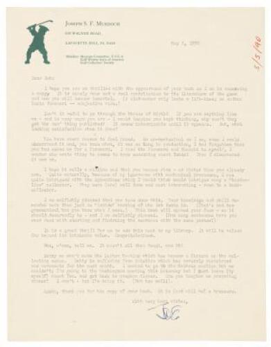 Autograph letter signed by Joseph S.F. Murdoch congratulating his friend Bob Kuntz and Golf Collectors Society co-founder on the occasion of the publication of his book Antique Golf Clubs: Their Restoration and Preservation