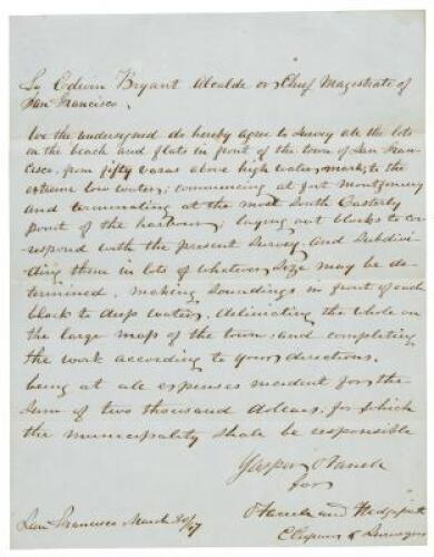 Letter from Jasper O'Farrell, to San Francisco Alcalde Edwin Bryant, agreeing to a contract to survey waterfront property of the town of San Francisco