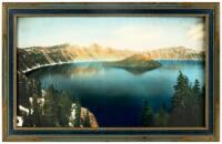 Hand-colored photograph of Crater Lake and Wizard Island
