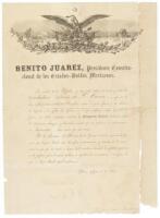Military appointment for a captain in the cavalry, signed by Benito Juarez